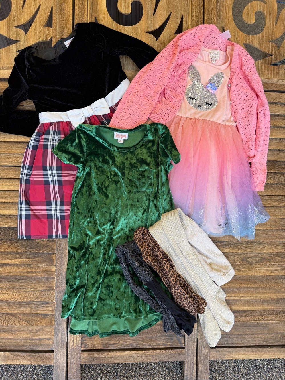Girls 6/6X Holiday Dress Lot: Velvet & Plaid, Pink Sparkle Bunny, Crushed Green